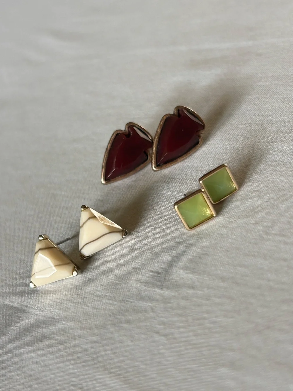 3 Pair Geometric Stud Earrings Burgundy Mint Cream Gold Tone